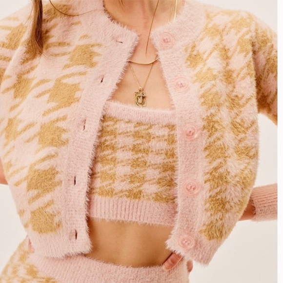 For Love and Lemon Fuzzy Plaid Pink and Tan Cher Cardigan - Picture 7 of 7